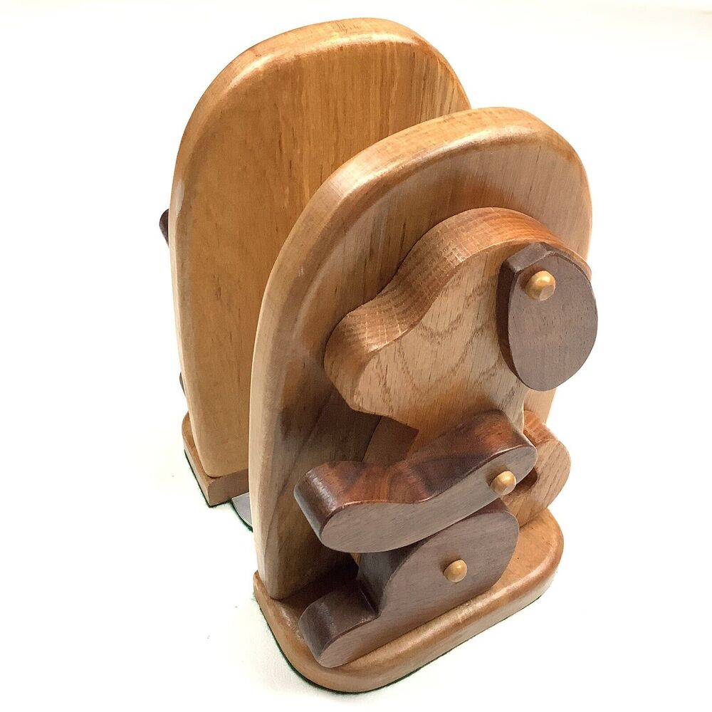 Wooden Bookends Dog Puppy Folk Art Handmade Piece set Solid Wood
